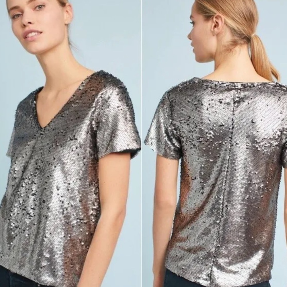 NWT Anthropologie Vanessa Virginia Sequin Short Sleeve Top V-Neck Silver